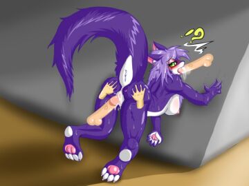 animal_ears blush breasts cum cum_in_pussy disembodied_penis female green_eyes large_breasts long_hair male nipples penis purple_hair pussy sex straight tail tongue