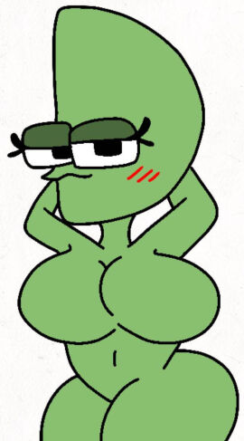 alphabet_(mike_salcedo) arms_behind_head arms_up black_eyes blush breasts colored_skin cowboy_shot d_(mike_salcedo) featureless_breasts female flat_colors genderswap genderswap_(mtf) glasses green_skin large_breasts looking_at_viewer monochrome navel no_nipples nude rule_63 ryanprisma3d simple_background solo white_background