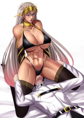 1boy abs bare_shoulders bikini black_bikini black_gloves black_hair blue_eyes blush breasts chains chaldea_uniform collarbone crown cunnilingus cunnilingus_through_clothes dark-skinned_female dark_skin earrings elbow_gloves fate/grand_order fate_(series) female fujimaru_ritsuka_(male) gloves grey_hair hand_on_another's_thigh hand_on_thighs highleg highres jacket jewelry large_breasts large_breasts_cunnilingus long_hair long_sleeves male muscular muscular_female navel open_mouth oral short_hair sitting_on_face straight swimsuit thighhighs thighs thong zenobia_(fate) zinfian
