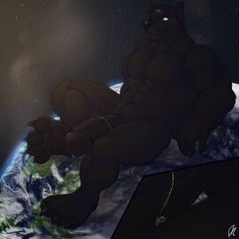 1:1 abs absurd_res anthro big_muscles big_penis black_body black_claws black_fur black_hair black_nose black_pawpads blue_eyes canid canine claws earth fur genitals hair hi_res huge_cock humanoid_genitalia humanoid_penis macro male male_anthro mammal mouth_closed muscular muscular_anthro muscular_male nude pawpads pecs penis planet short_hair sitting solaxe_(artist) solo space star vein veiny_penis