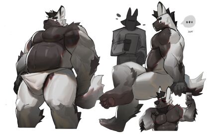 2023 adrian_(uriex) anthro belly biceps big_chest biped black_belly black_body black_eyebrows black_fur black_nose canid canine canis clothed clothing clothing_pull eyebrows fur hair hi_res male mammal multicolored_body multicolored_fur musclegut muscular muscular_anthro muscular_male navel nude pecs red_eyes simple_background sitting tail thick_thighs tuft two-tone_body two-tone_fur underwear underwear_only underwear_pull uriex white_background white_body white_fur wolf