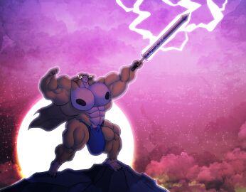 1boy barbarian barefoot big_pecs big_sword conanesque flowing_hair furry glowing_eyes large_muscles lightning loincloth long_hair male mountain muscles muscular muscular_anthro muscular_male muscular_thighs original owl parttimeyeen_(artist) pecs six_pack speedo speedo_only stars sword