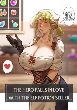blonde_hair blush breasts clothed cyoa dialogue elf eyes_closed female female_elf globining gloves hair_drills large_breasts lilillyiel long_skirt milf potion potions rpg short_hair skirt tied_hair voluptuous voluptuous_female wholesome