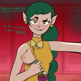 alcohol areolae blush bottle bow breasts chinigan clothed dialogue disney disney_channel drunk earrings elf elf_ears emira_blight exposed_breasts eyebrows female flashing front_view green_hair hallway imminent_sex intoxicated lidded_eyes locker long_hair looking_at_viewer mole mole_under_eye nipples partially_clothed pointy_ears ponytail pov ribbon school smile smooth_skin teeth text the_owl_house yellow_dress yellow_eyes