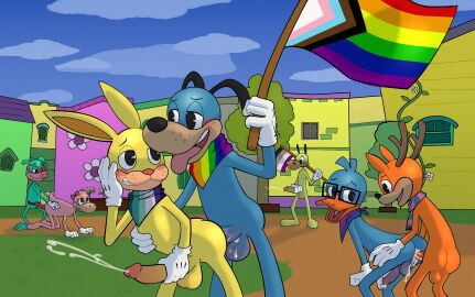 absurd_res anatid anseriform anthro asexual_pride_colors astoria_(toontown) avian big_penis bird bisexual_pride_colors bodily_fluids canid canine canis cum doggy_style domestic_dog duck female female/female from_behind_position from_front_position genital_fluids genitals group hi_res lagomorph leporid lgbt_pride lying male male/male mammal missionary_position on_back oswald_cuddlenugget penis pride_colors progress_pride_colors rabbit rainbow_pride_colors sex sex_toy sonicinmind strap-on strapon strapon_sex toontown_online toontown_rewritten toying_partner vincian_pride_colors