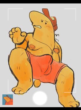 adult_swim blushing_at_viewer boner boner_under_clothes bulge bulge_through_clothing bulge_under_clothes camera camera_phone camera_view charlie_(smiling_friends) charlie_dompler chubby_male cross_necklace embarrassed_male erection erection_under_clothes fat_male male male_only mostly_nude rancid430 shirtless shirtless_male smiling_friends solo_male yellow_body