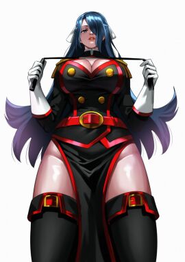 2d anti-demon_corps_uniform assertive_female azuma_fubuki belt belt_buckle blue_eyes blue_hair breasts cleavage commission dominant_female dominatrix female femdom gloves hair_over_one_eye large_breasts long_hair looking_at_viewer looking_down mato_seihei_no_slave milf mommy mommy_dom pelvic_curtain thighs viewed_from_below whip zinfian
