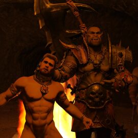 1human 2boys 2orcs 3d 3d_(artwork) 3d_model about_to_be_raped captive cavern clothed_male_nude_male defeated_male fire helpless_male human_slave humiliating male male/male male_focus male_only muscles muscular muscular_male oc offering_to_another original original_characters prisoner_of_war slave_collar unable_to_escape wereorc_(artist) whored_out