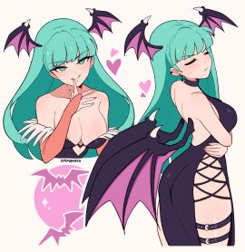 1girls absurdres artist_name ass bare_shoulders black_dress black_leotard breasts bridal_gauntlets capcom cleavage clothing_cutout collar collarbone cowboy_shot cremanata darkstalkers demon dress earrings female fur-trimmed_leotard fur_trim green_eyes green_hair head_wings heart heart_cutout highres jewelry large_breasts leotard long_hair looking_at_viewer morrigan_aensland strapless strapless_leotard succubus succubus_wings thigh_strap tongue tongue_out wings