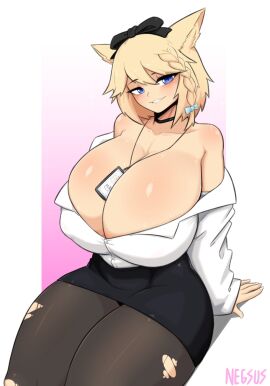 1girls bare_shoulders between_breasts big_breasts blue_eyes braid breasts cat_ears cat_girl catgirl choker cleavage female female_only final_fantasy final_fantasy_xiv hair_ribbon hi_res huge_breasts huge_thighs hyper_breasts id_card looking_at_viewer miqo'te narrowed_eyes negsus office_lady pantyhose shirt sitting skirt smiling smiling_at_viewer solo thick_thighs torn_pantyhose
