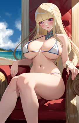 absurdres akihiro0920 bare_arms beach bikini blonde_hair blue_sky blunt_bangs breasts cloud collarbone commentary_request day female highres large_breasts long_hair looking_at_viewer micro_bikini navel ocean original outdoors purple_eyes sidelocks sitting sky smile solo swimsuit thighs underboob white_bikini