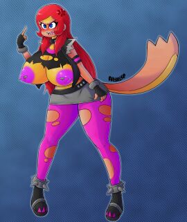 alternate_breast_size alyrise angry anklet anthro armband big_breasts blue_eyes blush boots bottomwear breast_expansion breast_growth breast_growth_(enlargement) breasts brown_body brown_fur clothed clothing collar countershade_fur countershade_torso countershading crop_top cross-popping_vein expansion exposed_breasts female fingerless_gloves foggy_background footwear fur generation_7_pokemon gesture gloves hair hand_gesture handwear hi_res huge_breasts jewelry leaning leaning_forward legband legwear long_hair long_legs mammal middle_finger midriff multicolored_body multicolored_fur nintendo nipple_piercing nipples open_mouth pantyhose partially_clothed piercing pink_nipples pokemon pokemon_(species) pulling_down_skirt red_hair sharp_teeth shirt skirt solo spiked_anklet spiked_legband spikes teeth topwear torn_clothing torn_legwear torn_pantyhose torn_shirt torn_topwear two-tone_body two-tone_fur vest wide_hips yellow_body yellow_fur yungoos