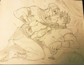 2boys ass backsack balls ballsack blush canon_couple fishshtickz gay greek greek_mythology hades_(game) laurel_crown male male_only monochrome partially_clothed pencil_(artwork) short_hair silver_hair sketch smile smirk testicles thanatos_(hades) traditional_media traditional_media_(artwork) twunk yaoi zagreus