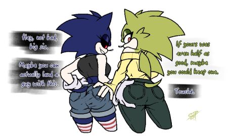 2girls artist_signature ass ass_grab athena_(sonictale32) black_eyes comic female groping in_love incest iris_(sonictale32) jeans oc original shorts siblings sister smirking sonic.exe sonic.exe_(series) sonic_(series) sonictale32 sweater tail tastefulanatomy wanting_sex yuri