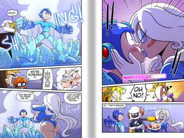 absurd_res anthro ass black_body black_nipples blush capcom clothed clothing coat computer_virus_(program) crown dark_nipples dialogue dr._light eyeshadow eyewear female frozen gender_transformation genderswap genderswap_(mtf) group hair headgear hi_res human humanoid ice_man kiss_on_lips kissing lips long_hair machine makeup male mammal mega_man mega_man_(character) mega_man_(series) message_box mtf_crossgender mtf_transformation nipple_slip nipples robot robot_anthro robot_humanoid roll rule_63 sachasketchy scientist seductive sheep_man speech_bubble sunglasses text thick_lips topwear transformation white_hair