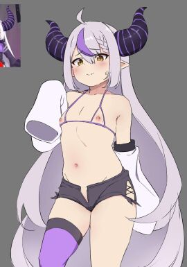 flat_chest hololive hololive_japan holox horns kachobi_(user_atuh5854) la+_darknesss light_skin nipples stockings tagme virtual_youtuber white_hair yellow_eyes