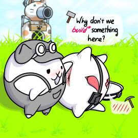 1:1 2025 absurd_res animal_genitalia anus bbunnyhopp belt belt_pouch blush bodily_fluids building clothed clothing colored digital_drawing_(artwork) digital_media_(artwork) duo english_text eyewear felid feline gamatoto genital_fluids genital_slit genitals glasses grass half_naked hammer hat headgear headwear hi_res male male/male mammal miner_helmet open_mouth ototo_(the_battle_cats) overalls penis pickaxe plant ponos_corp. shaded signature sky speech_bubble spread_anus spread_legs spreading tapering_penis text the_battle_cats tools waddling_head white_body