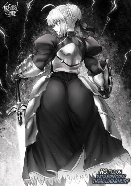 1girls ahoge armor armored_dress armored_female armored_gloves artist_name artoria_pendragon artoria_pendragon_(fate) ass ass_visible_through_thighs big_ass big_butt bubble_ass bubble_butt detailed fate/grand_order fate/stay_night fate_(series) female huge_ass lighting looking_away looking_to_the_side monochrome round_ass round_butt saber sword thegoldensmurf weapon wide_hips