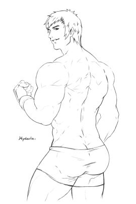 10s 1boy 2012 ass ass_cleavage ass_crack back bara buriki_one butt_crack fingerless_gloves gai_tendo hydaria king_of_fighters line_art male male_only monochrome muscular muscular_male shorts snk solo tagme video_games yaoi