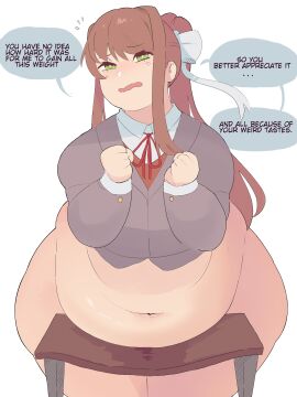 1girls 2024 bbw belly_button big_belly big_breasts blush breasts brown_hair chubby chubby_female color dialogue doki_doki_literature_club female female_only green_eyes huge_belly huge_hips hyper_belly long_hair monika_(doki_doki_literature_club) napolitane plump ponytail ribbon schoolgirl_uniform solo solo_female talking_to_viewer text thick_thighs weight_gain