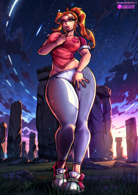 1girls aged_up alternate_breast_size ben_10 ben_10_(classic) big_breasts bluewolfartista breasts chaquetrix female female_only ginger gwen_tennyson mole_under_eye pink_eyes ponytail red_hair solo wide_hips