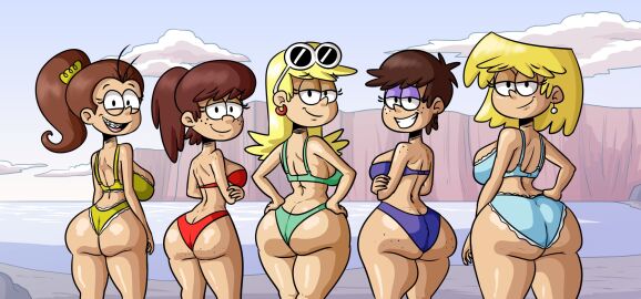 5girls absurd_res ass ass_focus beach_background bikini blonde_hair brown_hair female freckled_skin freckles_on_ass grinning hi_res leni_loud looking_back looking_back_at_viewer lori_loud luan_loud luna_loud lynn_loud max1mus nickelodeon smiling the_loud_house thick_thighs wide_hips