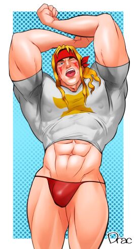 abs alex_(street_fighter) bara biceps bulge dracowel forearm_muscles human male male_only muscles muscular muscular_male nipples nipples_visible_through_clothing obliques pecs red_thong red_underwear street_fighter thong yaoi