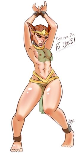 1girls 2d abs alien alien_girl alien_humanoid angry anklet arms_up athletic athletic_female barefoot black_sclera bondage bound_wrists breast_curtains breasts breasts_visible_through_clothing brown_hair clone_wars collar color dialogue english_text enslaved_royal fangs feet feline feline_humanoid female female_only femsub fit fit_female front_view full_body green_clothing hair handcuffs humanoid ironic light-skinned_female light_skin loincloth long_ears madh metal_collar midriff miraj_scintel neckwear nipples nipples_visible_through_clothing open_mouth plain_background role_reversal see-through see-through_clothing sharp_teeth short-haired_female short_hair shouting skimpy slave slave_collar slave_girl slave_outfit small_breasts solo speech_bubble standing star_wars submissive teeth text the_clone_wars:_season_four watermark white_background yellow_eyes zygerrian