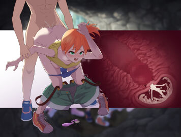 1boy 1girls bent_over blue_panties breasts censored cervical_penetration cervix clothes_pull condom cross_section cum cum_in_pussy female green_eyes green_shorts internal_cumshot kasumi_(pokemon) male medium_breasts mosaic_censoring nipples open_mouth orange_hair panties panty_pull penis pointless_condom pokemon pokemon_(anime) pokemon_(classic_anime) pussy sex sex_from_behind short_hair shorts shorts_pull side_ponytail standing standing_sex straight suspender_shorts suspenders tank_top toiro_gawon underwear used_condom yellow_tank_top