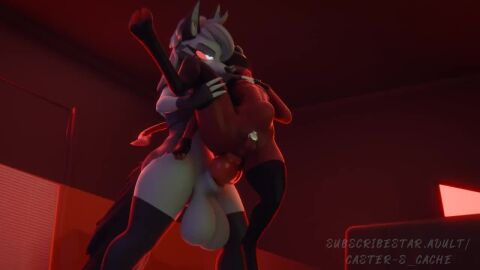 animated anthro anthro_penetrating asscaster ball_gag blindfold chastity_cage demon futa_on_male futanari grabbing_from_behind helluva_boss imp loona_(helluva_boss) looping_animation moxxie_(helluva_boss) sex_from_behind sound stomach_bulge tagme video