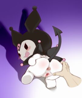 anthro anus ass blush demon digital_media_(artwork) duo female genitals hand_on_ass hand_on_butt human kuromi lagomorph leporid looking_at_viewer looking_back male male/female mammal nude onegai_my_melody open_mouth presenting pussy rabbit sake_kemosalmon sanrio simple_background spade_tail spread_anus spread_ass spread_butt spread_legs spread_pussy spreading tail teeth white_body