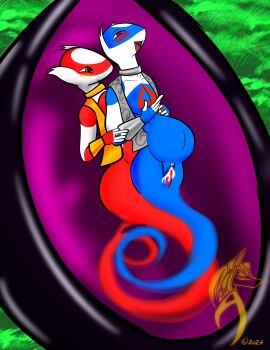 2023 adhiguna ahe_gao anthro belly big_belly blue_body blush bodily_fluids bodyguard_position bottle bottomless clothed clothing collar container countershading cuff_(restraint) cum cum_inside cuntboy cuntboy/futa duo ejaculation eon_duo from_behind_position futanari generation_3_pokemon genie genital_fluids genitals gold_(metal) gold_jewelry grey_clothing grey_topwear grey_vest hi_res inflation inside intersex intersex/intersex jewelry latias latios layla_(shockwave) legendary_duo legendary_pokemon looking_pleasured mega_stone nintendo penetration penis pokemon pokemon_(species) pokemorph pussy red_body red_eyes restraints sex silver_(metal) silver_jewelry standing standing_sex topwear vaginal_penetration vest white_body white_countershading wrist_cuffs yashim_(shockwave) yellow_eyes