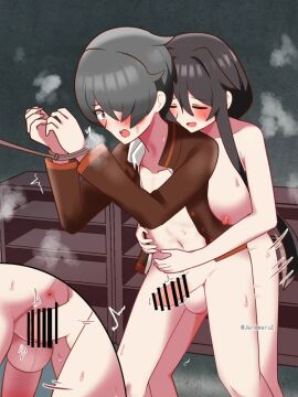 1boy 1futa anus areolae balls better_version_at_source big_breasts bottomless breasts clothed clothing cuntboy duo duo_focus full-package_cuntboy futa_on_cuntboy futa_on_male futanari herm hermaphrodite human intersex jarkwarutu jokichi_yudasei light-skinned_futa light-skinned_male light_skin lowres male maleherm mostly_nude multi_genitalia nipples nude penetration penis pixiv_sample pussy ryoba_aishi sex smile standing sweat topwear vaginal_penetration vaginal_sex yandere_simulator yandere_simulator_(1980s)