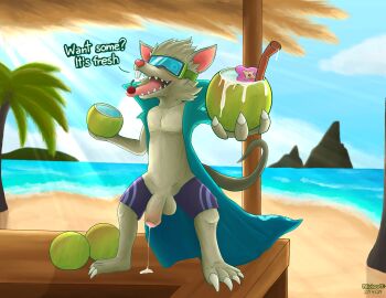 absurd_res after_masturbation anthro balls beach blush bodily_fluids clothed clothing cum digital_media_(artwork) eyewear flaccid foreskin fur genital_fluids genitals goggles hair hi_res humanoid_genitalia humanoid_penis league_of_legends looking_at_viewer male mammal murid murine offering_to_viewer oliviwott open_mouth partially_clothed penis presenting rat riot_games rodent smile solo tail tencent twitch_(lol) uncircumcised