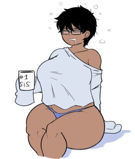 1girls black_hair bottomless coffee dark-skinned_female dark_skin female glasses naufranzz nia_(naufranzz) original short_hair sleepy solo solo_female thick_thighs