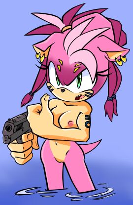 1girls amy_rose angry_face breasts female green_eyes gun hedgehog hedgehog_girl hedgehog_humanoid mobian mobian_(species) mobian_hedgehog nipples nude nude_female partially_submerged pink_fur pussy randomguy999 sonic_(series) sonic_prime tattoo thorn_rose water
