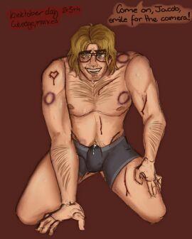 2d arm_hair bite bite_mark bite_marks bleeding blonde-haired_male blonde_hair blush blush_lines boxers boxers_(clothing) bruises bulge bulge_through_clothing chest_hair cum cum_in_pants drawing drooling edged edging facial_hair fit fit_male full_body fully_shaded glasses green_eyes hickey jacob_alden kinktober knife_play leaking_cum lurking_for_love male messy_linework mostly_nude muscular muscular_male needy no_background off_screen_character older_male on_knees pleading_with_his_eyes short_hair shoulder_length_hair sketchy smile solo_focus solo_male speech_bubble sweaty