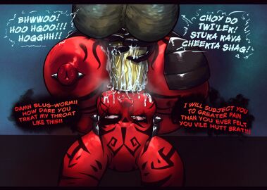 1boy 1girls alien alternate_version_at_source big_breasts breasts darth_talon dialogue erection fellatio female huge_breasts huge_cock hutt jabba_the_hutt male nipple_piercing nipples oral oral_sex penis piercing red_skin star_wars text twi'lek vante_light