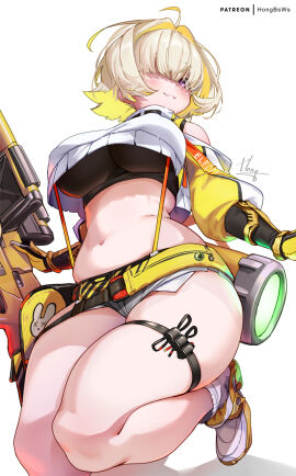 1girls :3 ahoge ass belly belly_button blonde_hair blush breasts elegg_(nikke) female female_only fully_clothed goddess_of_victory:_nikke hair_over_eyes huge_ass large_breasts midriff on_knees plump purple_eyes short_shorts shorts suspenders thick_thighs thigh_strap two-tone_hair underboob white_background