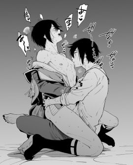 2boys arched_back arms_around_waist barefoot black_thighhighs blush closed_eyes ear_piercing earrings epaulettes garter_straps grey_pants greyscale hand_on_another's_arm heart highres jacket jacket_partially_removed jewelry kaito_(vocaloid) kneeling lapels leg_lock looking_at_another male male_focus male_penetrated monochrome multiple_boys multiple_males nail_polish nipples nude open_mouth pants pectorals piercing profile project_sekai puff_of_air saliva selfcest sentea sex shirt simple_background sleeve_cuffs sound_effects speech_bubble sucking_male_nipple sweat sweatdrop teeth thighhighs translated upper_teeth vivid_bad_squad_kaito vocaloid white_shirt wonderlands_x_showtime_kaito yaoi