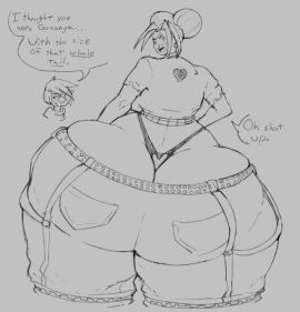 1boy 1girls ass ass_bigger_than_head ass_bigger_than_torso ass_cleavage ass_crack big_ass big_breasts bottomwear bottomwear_halfway_down breasts butt_crack female gigantic_ass hair_buns huge_ass hyper hyper_ass hyper_hips hyper_thighs looking_at_viewer looking_back male maxhp_(verdazin) original original_character solo_female tagme talking text thick_thighs thong underwear verdazin whale_tail wide_hips