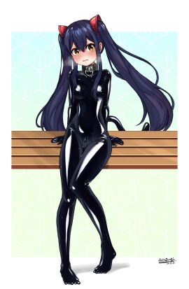 1girls battlebunny black_bodysuit black_clothing black_latex blue_hair blush blushing_female bodysuit breasts brown_eyes cat_tail clitoris collar collar_ring collared crotch_zipper cute_face fairy_tail feet female female_only femsub fully_clothed heavy_breathing latex latex_bodysuit latex_breasts latex_clitoris latex_clothing latex_gloves latex_nipples latex_suit looking_at_viewer metal_collar petite petite_body png pussy pussy_zipper shiny shiny_clothes sitting small_breasts solo steel_collar sweat sweatdrop sweating thights tight_clothing twintails wendy_marvell zipper