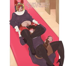 animal_genitalia animal_penis anthro big_breasts big_penis blush breasts clothed clothing crossdressing dialogue dominant dominant_female duo equine_genitalia equine_penis erection eye_patch eyewear female femboy fur genitals head_lock hi_res high_heels huge_cock incest_(lore) lagomorph legwear leporid long_ears male male/female mammal mature_female medial_ring mismatched_animal_penis mismatched_genitalia mismatched_penis mother_(lore) mother_and_child_(lore) mother_and_son_(lore) nipple_outline nun_habit nun_outfit odd_lee0 panties parent_(lore) parent_and_child_(lore) parent_and_son_(lore) penis pubes rabbit red_body red_fur religious_clothing slightly_chubby slightly_chubby_female son_(lore) text thigh_highs underwear vevra_(la_ninya)