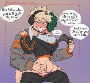 1boy 2boys anal anal_sex artist_name ass ass_grab bakugou_katsuki big_penis bite bite_mark bite_marks black_jacket black_pants blonde_hair blush blush_lines blushing boku_no_hero_academia bones_(company) bottomless choker clothes_pull cock cocky collar controller crop_top cum cum_in_ass cum_inside cute cute_face cute_male deku dominant dominant_male dominated domination embrace english_text feeling_pleasured femboy freaky freckles game game_controller gay gay_male good_boy green_hair grey_shirt grin hand_on_another's_shoulder hands_on_another's_shoulders headphones headphones_on_head headset hero highres holding holding_controller holding_game_controller hood hood_down hoodie izuku_midoriya jacket katsuki_bakugou livestream long_sleeves looking_at_another looking_at_partner looking_away looking_pleasured male male_focus midoriya_izuku multiple_boys multiple_males my_hero_academia overflow pants pants_pull penis playing_games pleasure_face red_eyes secretly_loves_it sex shirt short_hair shounen_jump shy shy_male sitting sitting_on_lap sitting_on_person smile speech_bubble straddling streaming sweat talking teeth twinstars420 upright_straddle yaoi yellow_hair