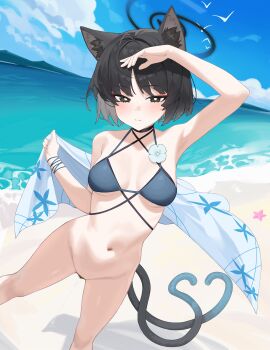 absurdres animal_ear_fluff animal_ears armpits beach bikini bikini_top_only black_eyes black_hair blue_archive blue_bikini blue_halo blue_sky bottomless breasts bright_pupils cat_ears cat_girl cat_tail closed_mouth cloud commentary_request day female female_pubic_hair halo highres kikyou_(blue_archive) kikyou_(swimsuit)_(blue_archive) looking_at_viewer medium_breasts ocean official_alternate_costume outdoors pubic_hair pussy pussy_juice shin_maboroshi short_hair sky solo swimsuit tail white_pupils