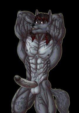 abs anthro balls biceps big_penis black_glans bodybuilder boner cum cumming furry hands_behind_neck horny male mike_lycaon_(moonlightstrider) moonlightstrider muscles muscular naked pecs penis precum quads retrocharo triceps wolf wrestler