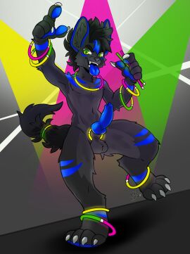 absurd_res accessory anthro black_body blacklight blue_body blue_fur canid canine canis cock_ring fur genitals glowing green_eyes hi_res jackal jewelry kingkapro knot male mammal party penis penis_accessory penis_jewelry rave solo tongue tongue_out