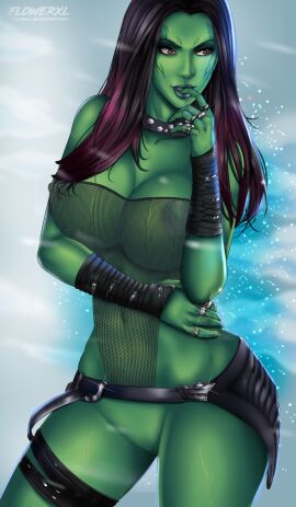 2d alien alien_girl alien_look_like_human biting_finger blue_background breasts chains cleavage female female_only flowerxl gamora green-skinned_female green_skin guardians_of_the_galaxy hands_on_hips huge_breasts marvel marvel_cinematic_universe marvel_comics naked_female nipples nude nude_female pinup pussy red_and_black_hair seductive_look see-through_clothing tagme thighhighs