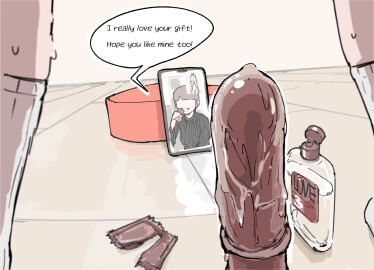 1boy 1girls brown_dildo comic dildo english_text female femdom gift hi_res hogu_(pizzlet) image_set legs_apart light-skinned_female light-skinned_male light_skin lube lube_bottle male malesub miyo_(pizzlet) original original_character partially_clothed partially_clothed_male phone pizzlet sex_toy socks valentine's_day video_call