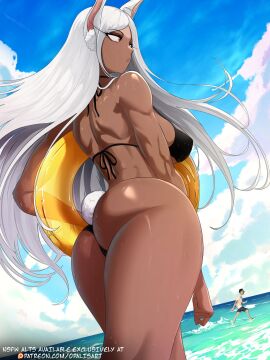 1boy ass beach bikini black_bikini blue_sky boku_no_hero_academia breasts dark-skinned_female dark_skin day female from_behind highres holding holding_swim_ring large_breasts long_hair male miruko my_hero_academia ocean opalis opalisart outdoors rabbit_girl rabbit_tail red_eyes rumi_usagiyama sky solo_focus swim_ring swimsuit tail very_long_hair water white_hair